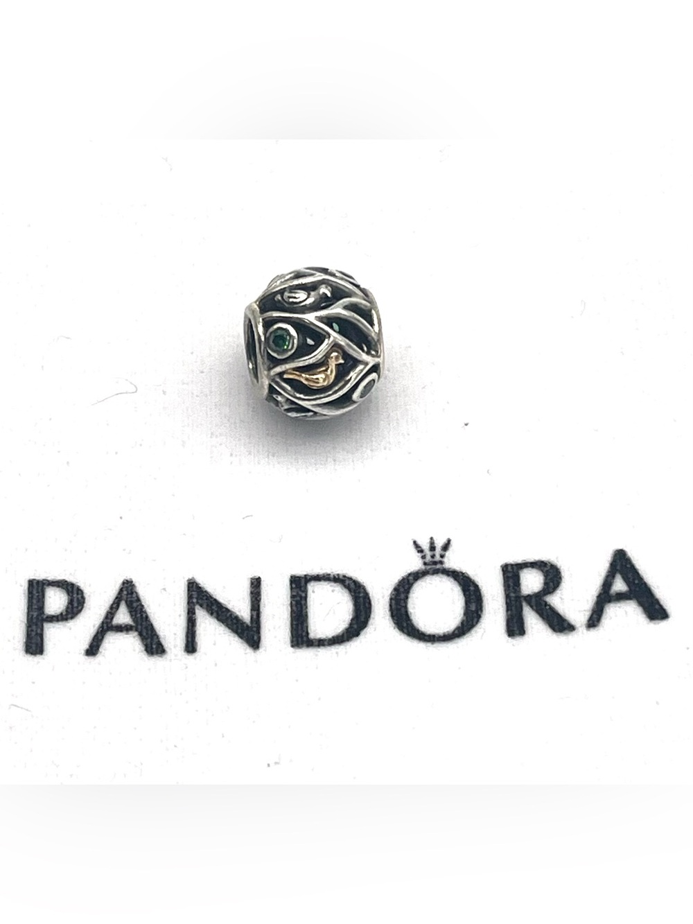 Pandora Retired “Birds of a Feather” Charm Bead 14K Gold Accents, Green CZ